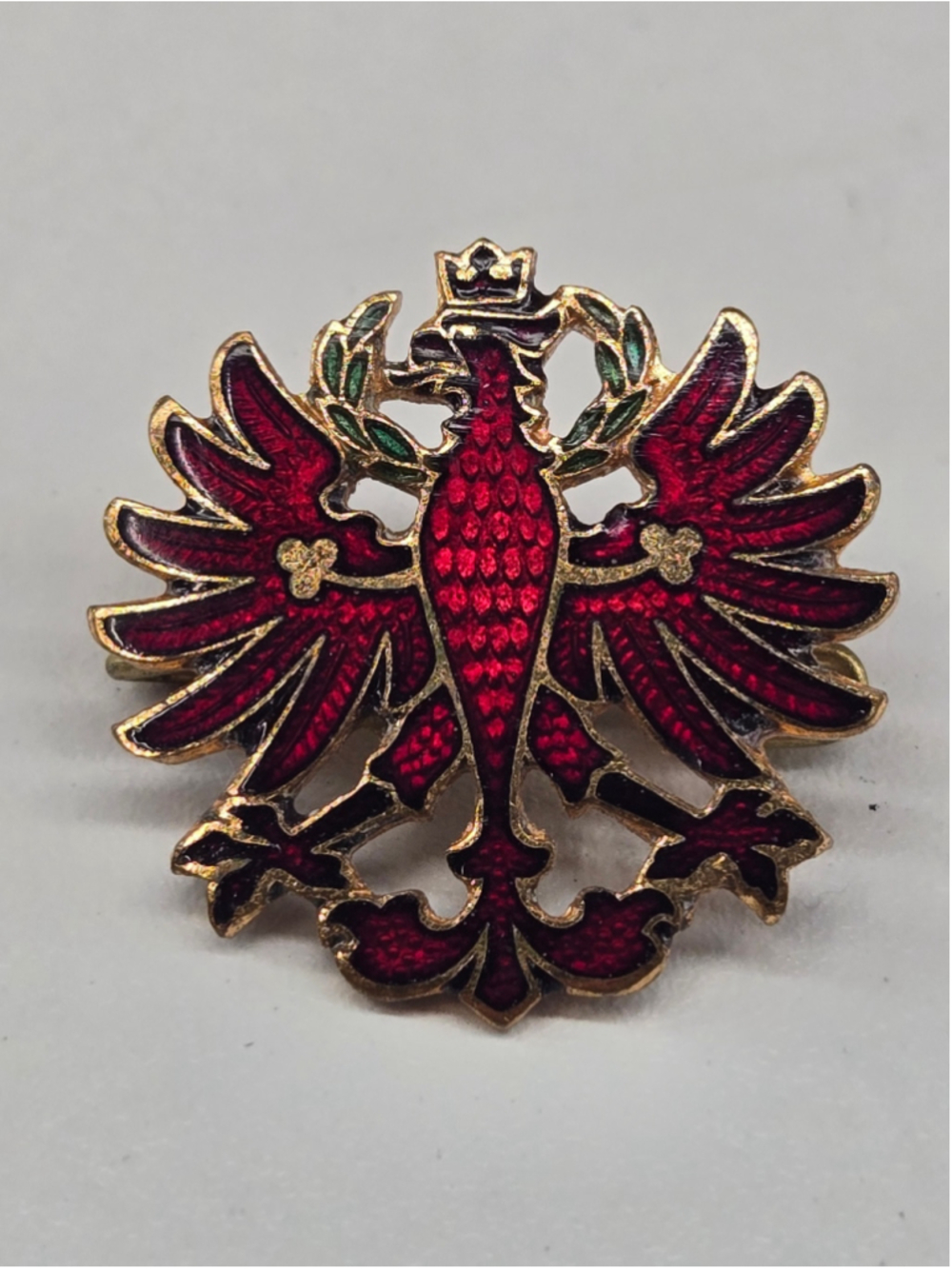 Vintage WW1 Eagle of Tyrol Cap Badge Brooch Pin Red Cloisonne Collectible - Picture 4 of 7